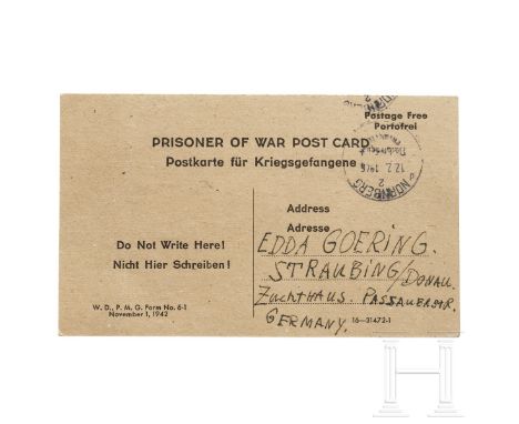 Hermann Göring – eigenhändige Karte aus Nürnberg an seine Tochter Edda vom 12.2.1946POW-Postkarte "W.D.,P.M.G. Form No 6-1 No