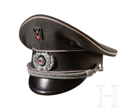 A Visor Cap for Red Cross OfficersGrey tricot, dark grey wool center band, light grey wool piping, silver-aluminum braided ch