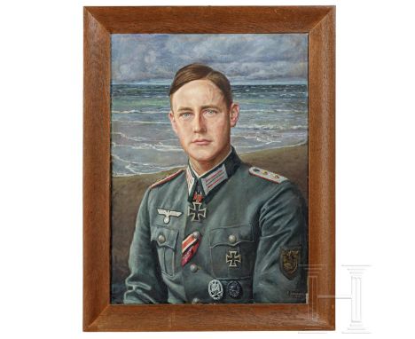 Portraitgemälde des Ritterkreuzträgers Hauptmann Max-Eugen PetereitÖl auf Leinwand, posthume Darstellung in der Uniform eines