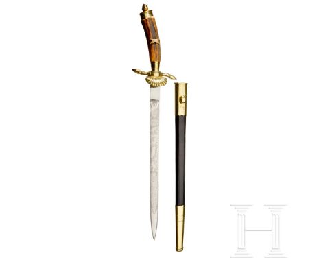 A Gilded Rifle Association Dagger Maker Eickhorn, Solingen, single-edged, plated blade with etched hunting scenes, trophies, 