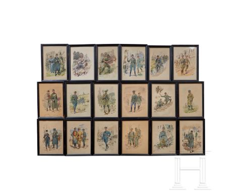 Herbert Knötel – ein Satz AquarelleAchtzehn einzeln gerahmte Aquarelle des Malers Herbert Knötel mit Darstellungen von Wehrma