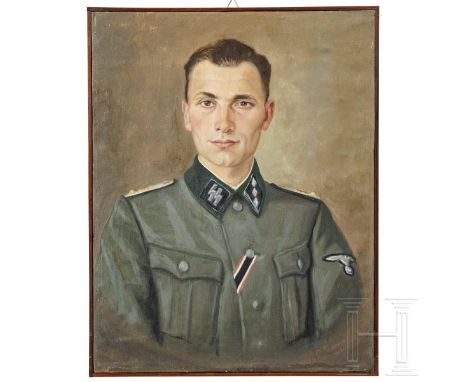 Portraitgemälde eines SS-ObersturmführersÖl auf Leinwand, mit Darstellung des Offiziers in schlichter Felduniform mit KVK-Kno