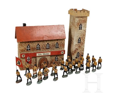 Konvolut Elastolin und Lineol - SA-Heim mit Turm, zwei SS-Fahnenträger und 24 Marschierer   Konvolut SS-Figuren und SA-Heim, 