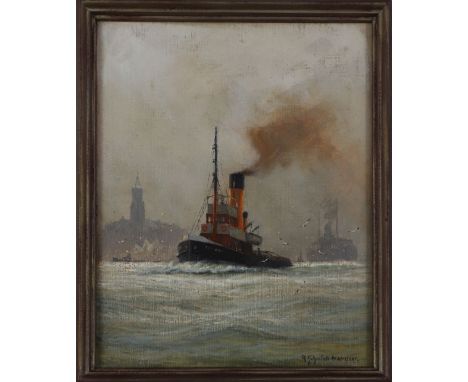 Öl auf Malkarton, ¨Schlepper im Hamburger Hafen¨, unten rechts signiert ¨R. Schmidt-Hamburg¨, ca. 36x28cm, gerahmt (39x31,5cm