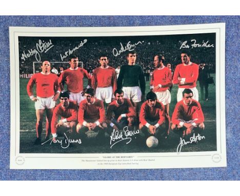 Manchester United Multi Signed 18 x 12 European Cup Edition Coloured Print. Signatures from Nobby Stiles, Pat Crerand, Bill F