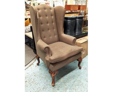 WING BACK ARMCHAIR, 85cm x 85cm x 138cm, brown fabric upholstered, button back. 