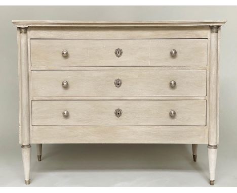 COMMODE, French Empire style grey painted and silvered metal mounted with three long drawers, 112cm x 46cm x 90cm H. 