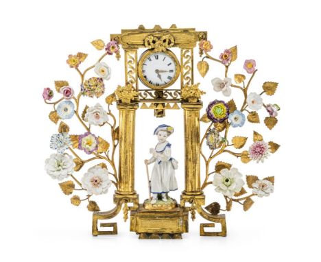 Taschenuhrenständer im Stil des Louis XVI mit Porzellanblüten und Spindeltaschenuhr  19. Jh., die Blüten wohl Vincennes, Fran