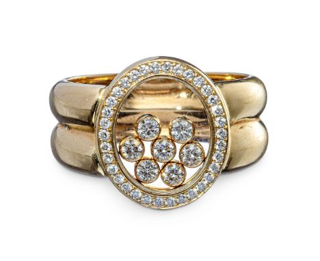 Chopard-"Happy Diamonds"-Ring  750/f. Gold. Doppelringschiene, ausgefasst mit in Brillanten gefasstem Oval mit Sichtfenster u