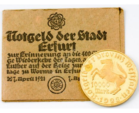 Notgeld Provinz Westfalen  Freiherr vom Stein. 10.000 Mark. 1923. Vergoldet.  Dazu:  Notgeld der Stadt Erfurt. 50 Mark. 5 Sch