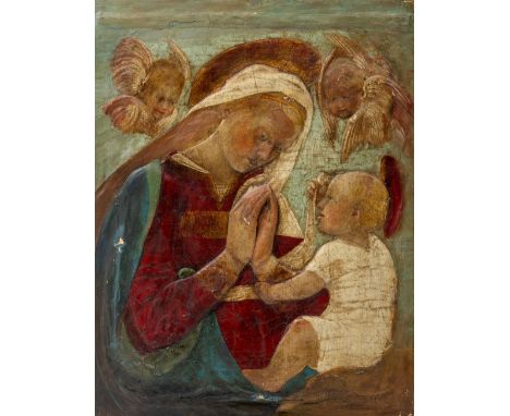 Madonna mit Kind   Italien, 1890/1910 Holz mit Relief, farbig gefasst (Reste von Vergoldung). 35,5×47 cm. Allgemein gerissen 