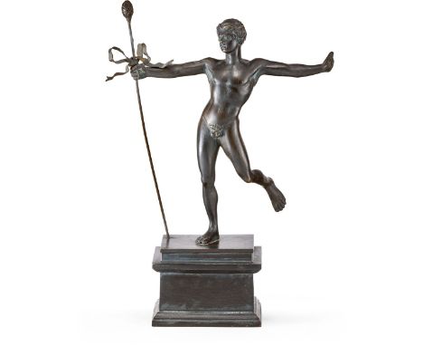 AntikenkopieTanzender Faun mit Thyrsosstab  Bronze, dunkel patiniert. Auf eckig gestuftem Bronzesockel montiert. Ges.-H. 24 c