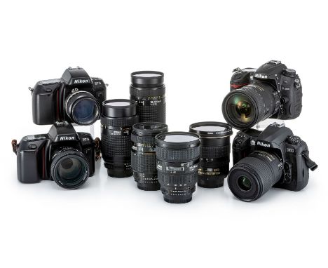 Nikon - vier Kameras mit acht Objektiven sowie Repro-Stativ  um 1994-2013 Vier Nikon-Spiegelreflex-Kameras:  a +b)  F 70 (ana