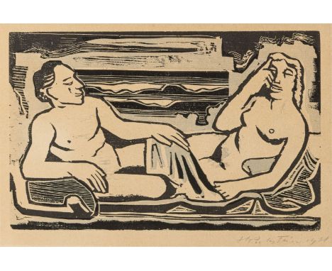 Pechstein, Max Hermann (Zwickau, Berlin 1881-1955) Auf dem Lager, 1931  Farbholzschnitt auf bräunl. Papier. 16×25 auf ca. 25×