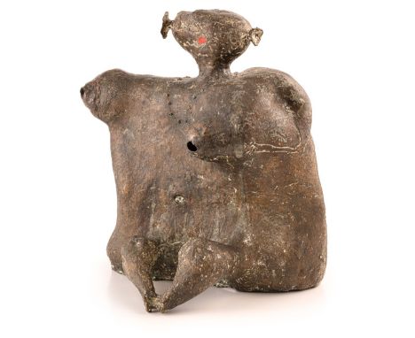 Fischer, Lothar (Germesheim/Baierbrunn 1933-2004) "Eva"  1963 Bronze, dunkelbraun patiniert, teilweise farbig gefasst. 42×37×