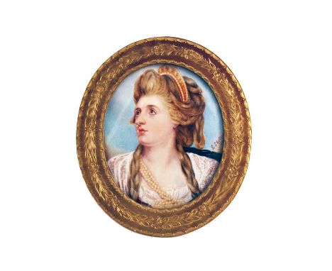 ENGLISH SCHOOL Miniature portrait of Sarah Siddons with plaited hair and pearl diadem, head & shoulders, on ivory, bears sign