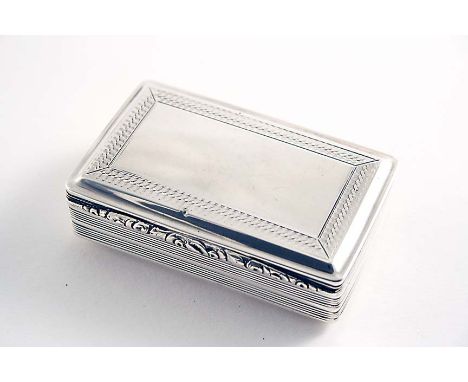 AN EARLY VICTORIAN RECTANGULAR SNUFF BOX with reeded sides & base and a bevelled cover with an engine-turned border & vacant 