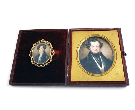 ENGLISH SCHOOL c.1840 Miniature portrait of a young man, half length on ivory, in gold brooch mount, 4.5 x 3.56 cms and a por