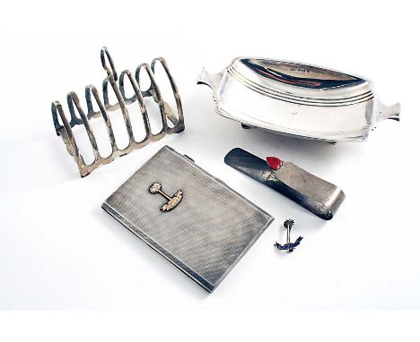 A MIXED LOT:- An Art Deco dish on stepped bracket feet, by J. Gloster Ltd., Birmingham 1937, a toast rack, a Victorian book m