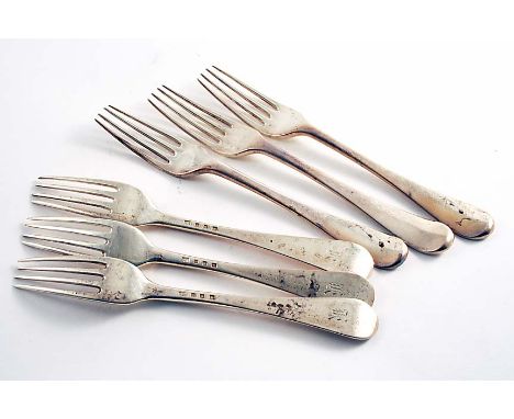 A SET OF SIX EARLY 20TH CENTURY HANOVERIAN PATTERN TABLE FORKS, initialled "K", by Mappin & Webb, London 1933;  14 oz  (6)