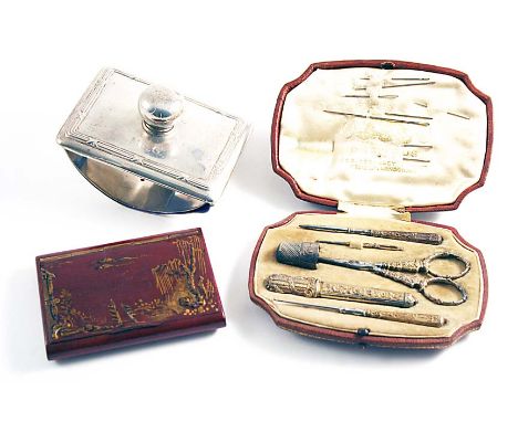 A 19TH CENTURY FRENCH SILVERGILT SEWING ETUI in a tooled leather case, a modern mounted desk blotter, initialled "M.E.G" and 