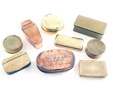 A 19TH CENTURY LACQUERED PAPIER RECTANGULAR SNUFF BOX with a "hatched" pattern on each surface, an 18th century engraved copp