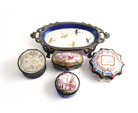 AN ENAMEL SNUFF BOX The cover painted with an estuary scene, early 19th century, two porcelain snuff boxes, early 20th centur