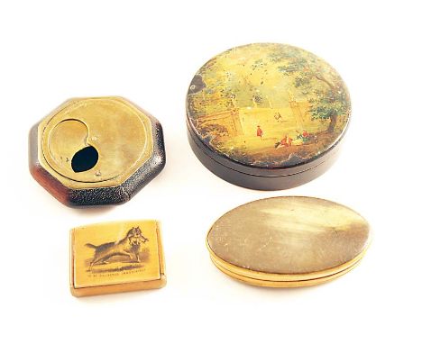 FOUR 19TH CENTURY SNUFF BOXES:- A circular burr-wood example painted with a garden scene, a brass & wood octagonal snuff box 