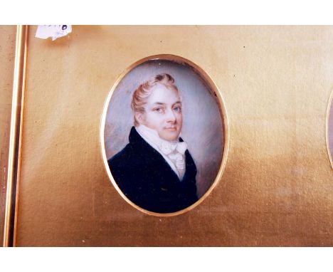 ENGLISH SCHOOL EARLY 19TH CENTURY Miniature portrait of a young man wearing blue jacket, head &amp; shoulders on ivory; 7 x 5
