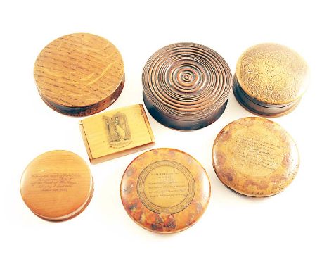 A SMALL RECTANGULAR MAUCHLINE-WARE SNUFF BOX with a printed bathing scene "POOR SMITH CANT FIND HIS MACHINE", three other cir