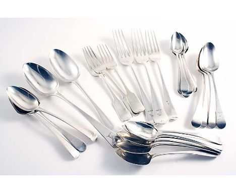 MIXED FLATWARE:- Seven George III Old English pattern dessert spoons, five tea spoons, one table spoon & one table fork, a Ge