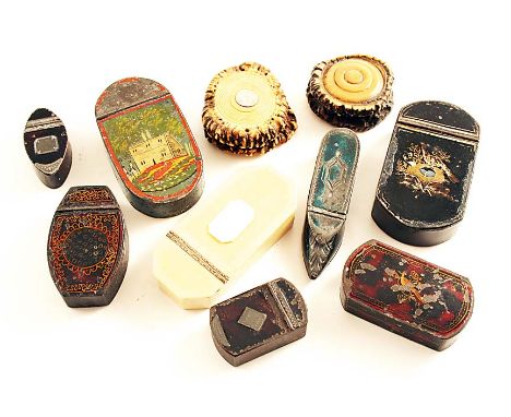 SEVEN VARIOUS PAINTED/LACQUERED METAL SNUFF BOXES A George III ivory snuff box of canted oblong form and two antler snuff box