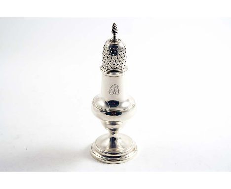 A GEORGE III BALUSTER PEPPER CASTER on a domed circular foot with reeded borders & a wrythen knop finial, initialled "B" by T
