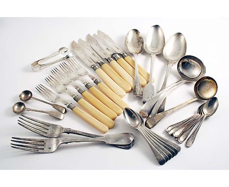 MISCELLANEOUS FLATWARE & CUTLERY:- Two sets of six 20th century tea spoons, two pairs of sugar tongs, three antique table spo