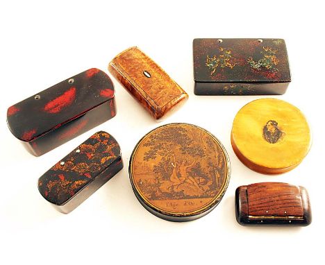 A 19TH CENTURY FRENCH CIRCULAR PAPIER MACHE SNUFF BOX with a print of "L'Age d'Or" on the cover, a rectangular papier mache s