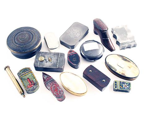NINE VARIOUS METAL SNUFF BOXES  (some with painted decoration), a brass "patent" snuff dispenser, a large circular turned hor