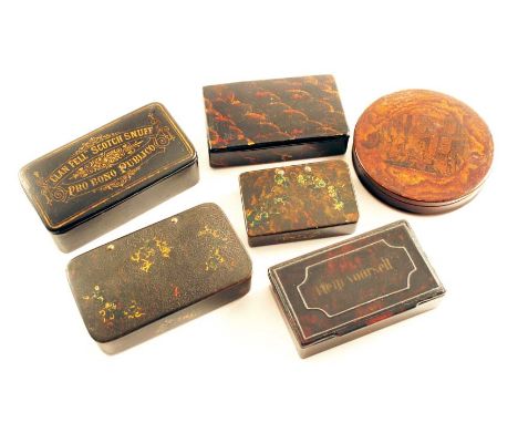 SIX VARIOUS 19TH CENTURY PAPIER MACHE SNUFF BOXES including a circular example with a printed scene of merriment, another "CL