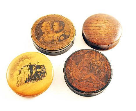 A 19TH CENTURY FRENCH LACQUERED PAPIER MACHE CIRCULAR SNUFF BOX with a printed scene on the cover "les deux peauceaux surpris
