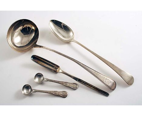 A MIXED LOT:- A pair of George III salt spoons in a variant of King's pattern with oak leaves, crested & initialled, by Messr