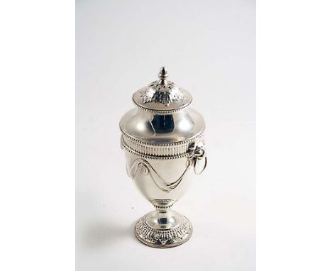 A LATE VICTORIAN SUGAR CASTER in the form of a neo-classical urn with lion mask drop ring handles, a low-domed cover and an a