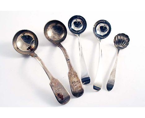 A PAIR OF GEORGE III OLD ENGLISH PATTERN SAUCE LADLES by Charles Hougham, London 1782, a pair of George IV Fiddle pattern sau