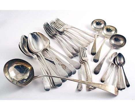 A MISCELLANY OF OLD ENGLISH PATTERN FLATWARE INCLUDING:- Fourteen table spoons, eight table forks, four dessert forks, seven 