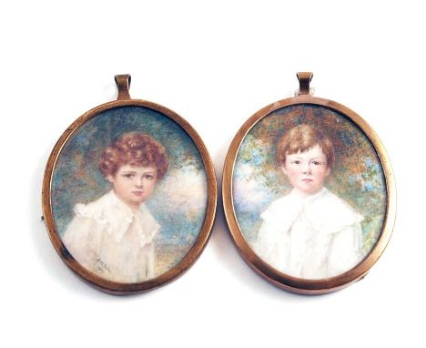 E.... M....PEYTON Miniature portrait of a boy, half length on ivory and the companion portrait of his brother, signed and dat