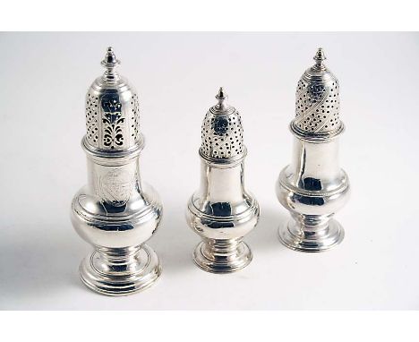 A GEORGE II BALUSTER CASTER with a high-domed cover & a knop finial, engraved with a coat of arms, by Samuel Wood, London 175