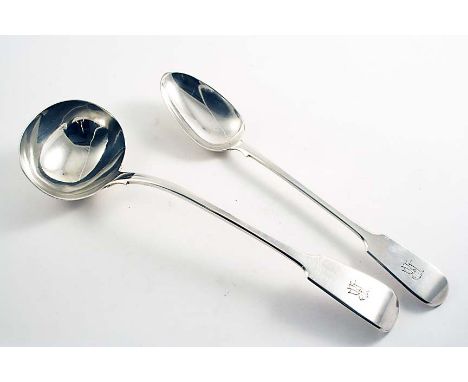 A WILLIAM IV FIDDLE PATTERN SOUP LADLE by William Eaton, London 1832 and an early Victorian Fiddle basting spoon by the same 