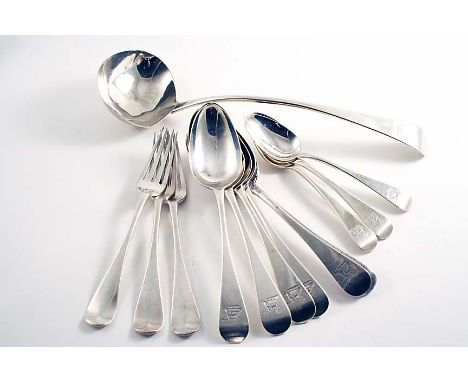 YORK-MADE OLD ENGLISH PATTERN FLATWARE:- A set of six table spoons and three table forks, by Barber, Cattles and North, York 