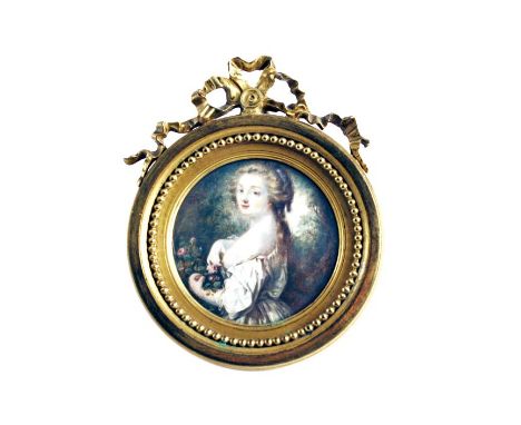 FRENCH SCHOOL Miniature portrait of a lady gathering roses in a garden, on ivory; 6.25 cms diameter, in ormolu frame
