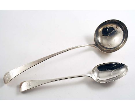 A GEORGE III SOUP LADLE Old English pattern, crested, by Hester Bateman, London 1773 and a Victorian basting spoon, crested, 