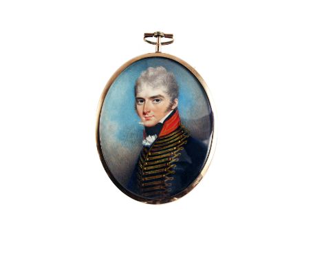 NICHOLAS FREESE Miniature portrait of an officer of the Royal Horse Artillery wearing blue uniform with gold frogging and red