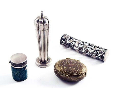 A MIXED LOT:- A late 17th century filigree-work tubular box with a hinged cover and applied flowerhead motifs, a late 17th ce
